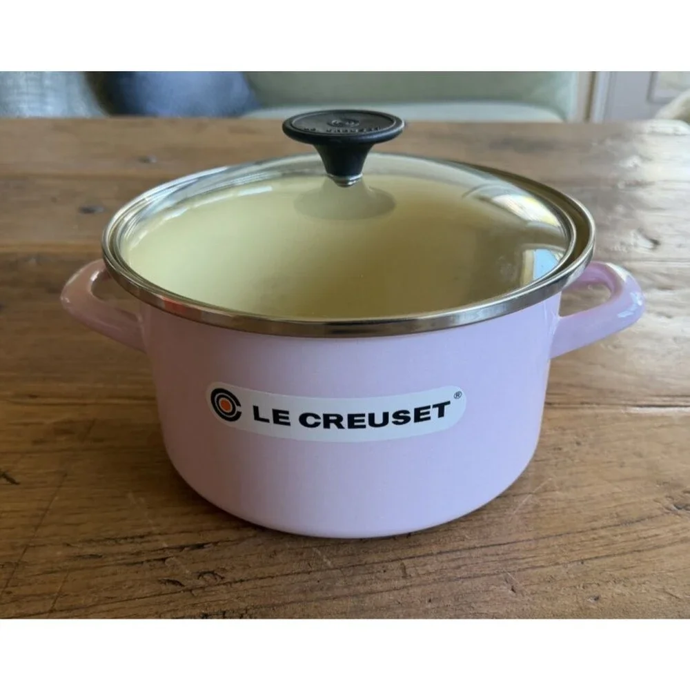 Le Creuset Enamel on Steel Stockpot with glass lid 8 in 3 7/8 qt Satin Pink NEW